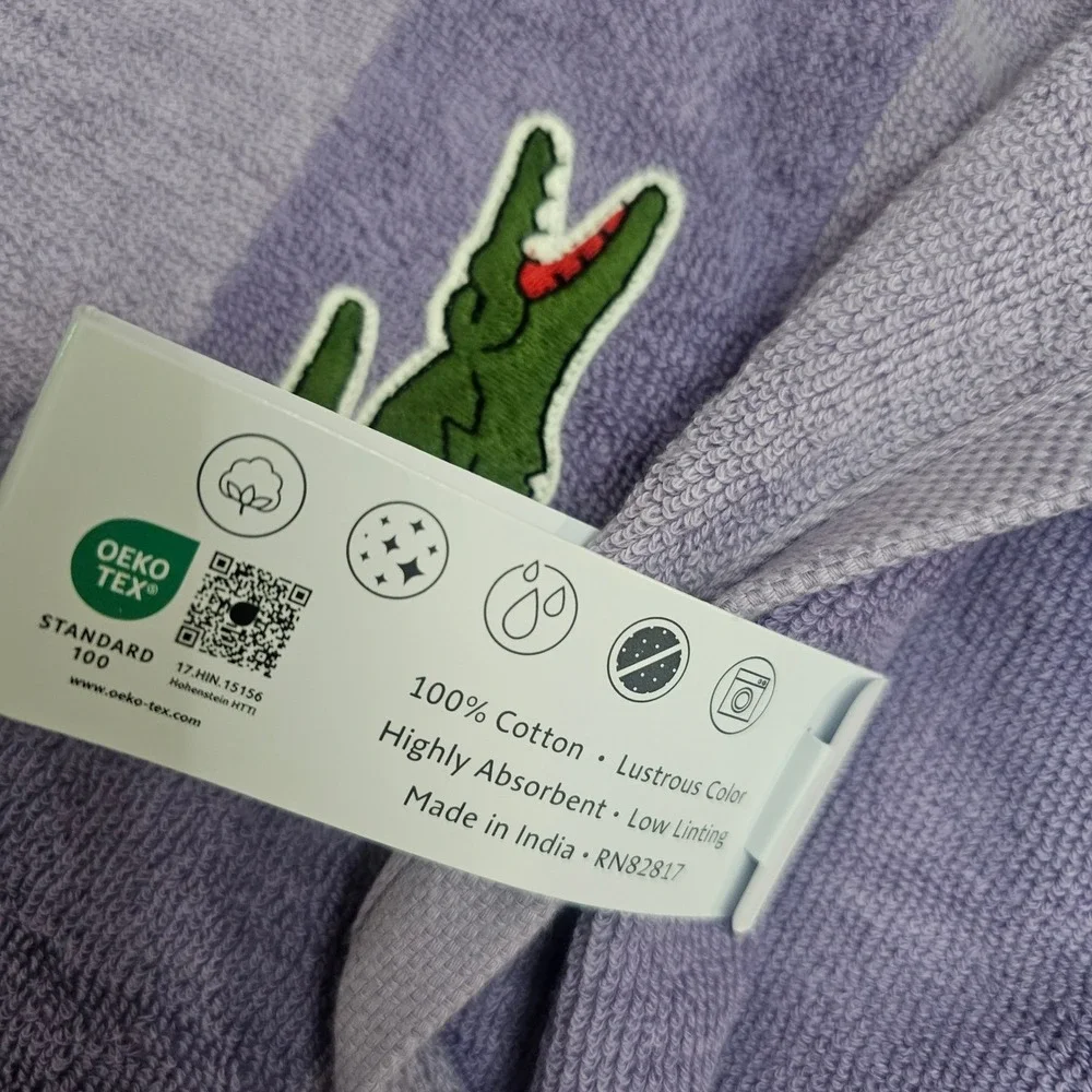 Lacoste Bath Towels Luxury Light Purple Cotton with Crocodile Logo 30 x 52 NWT